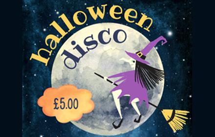 Halloween Disco at Lumley Castle Hotel. Poster of a witch on a broom flying past the moon.