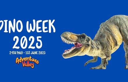Dino Week 2025: 24th May - 1st June 2025 at Adventure Valley. Poster shows Dinosaur
