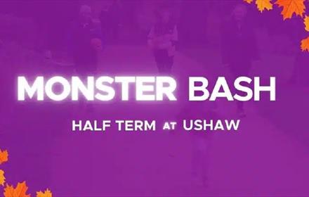 Text reads, 'Monster Bash, Half Term at Ushaw' with a border of autumnal leaves.