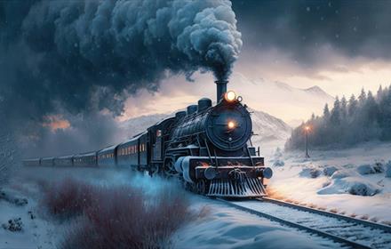 The Polar Express travelling through the snowy countryside