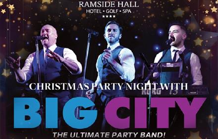 Big City band members performing, text reads, 'Christmas Party Night with Big City'.