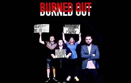 Four people, including a nurse, are holding signs indicating they are 'burned out'.