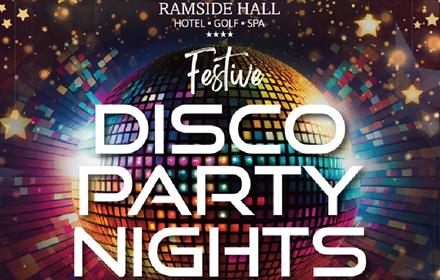 Text reads - 'Festive Disco Party Nights' background shows a disco ball, stars and fairy lights.