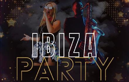 DJ & Sax performing. Text reads 'Ibiza Party' against a background of stars and twinkly lights.