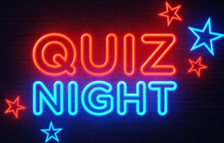 Red and blue neon text which states, 'Quiz Night', with stars around it.