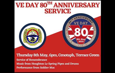 Emblem reading VE DAY 80th Anniversary 8th May, 6pm - Terrace Green Cenotaph