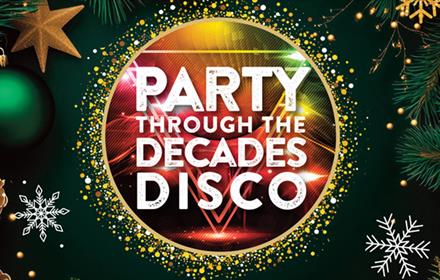 Party Through the Decades Poster. with baubles, stars and snowflakes.