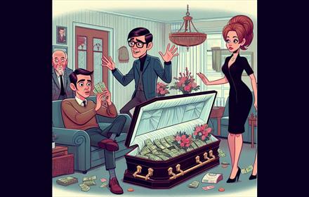 Illustration of a people standing around a coffin full of money