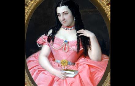Painting of Joséphine Bowes in a pink dress