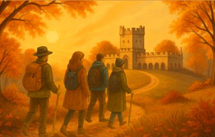 Illustration of four people walking towards Auckland Palace.