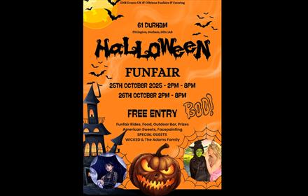 Poster shows spooky bats, pumpkins, houses, witches and Wednesday Addams.