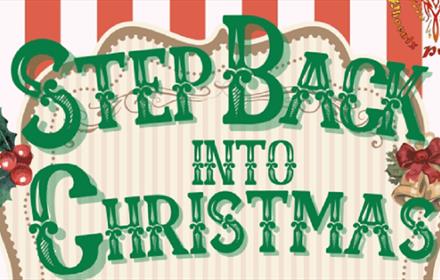 'Step Back Into Christmas', poster shows red and white background with holly, and Christmas Bells.