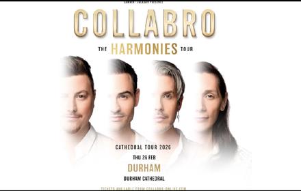 Collabro: The Harmonies Tour. Poster shows half of the faces of four members of the group