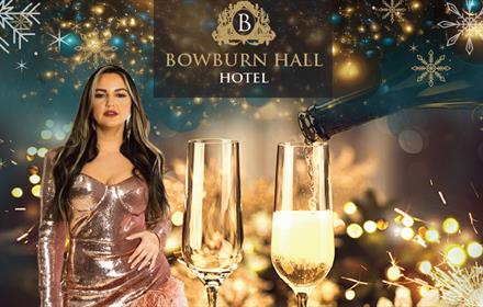 Natalie Hallett in a sparkly dress, against a background of champagne, fireworks and snowflakes.