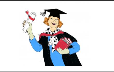 Cartoon illustration of 'Rita' from 'Educating Rita', an Open University Student carrying books and a diploma.