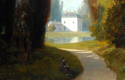 Painting of a country lane which leads to a lake, and a beautiful château.