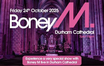 Poster reads, 'Boney M. Durham Cathedral' and background image shows Durham Cathedral's Nave in a purple hue.