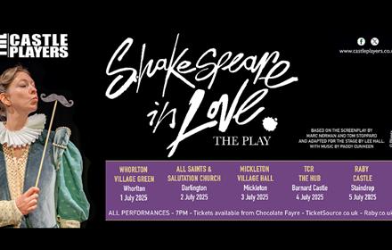 A person dressed in Shakespearean clothing, holding up a moustache on a stick in front of their face. Poster, 'Shakespeare in Love'.