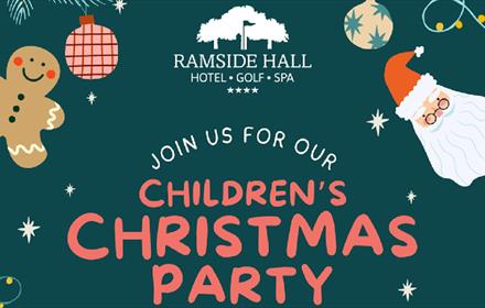Children's Christmas Party poster with illustrations of gingerbread, baubles, fairy lights and Santa.