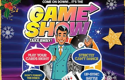 Illustration of a gameshow host and captions such as, 'Strictly Can't Dance', 'Play Your Cards Right', 'Don't Forget The Lyrics' and 'Lip Sync Battle'