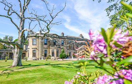 Beamish Hall Country House Hotel exterior, with purple spring flowers emerging in the foreground.