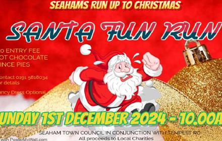 Santa Fun Run. Seaham's run up to Christmas. Illustration of Santa running over baubles and ribbon.