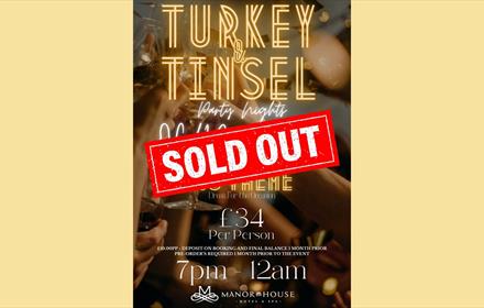 Text - 'Turkey & Tinsel, Sold Out' against a background of people holding wine glasses.