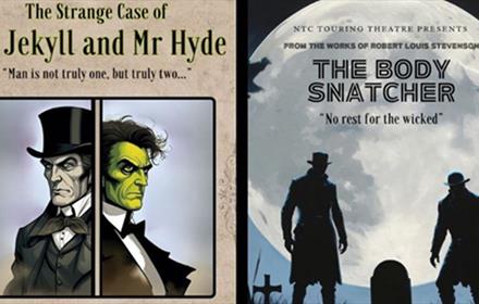 (Left) illustration of Dr Jekyll and Mr Hyde. (Right) The Body Snatcher. Silhouette of two people in a graveyard under a full moon.