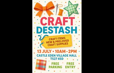 Poster showing craft material such as ribbon, sewing needle, material, and bows - 'Craft Destash'