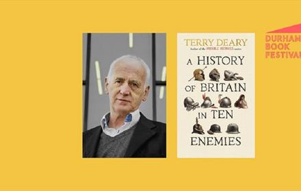 Terry Deary next to an image of his book, 'A History of Britain in Ten Enemies'.