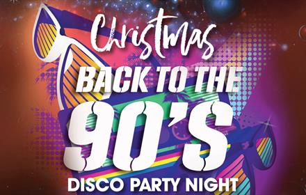 Graphic image of sunglasses, palm trees and stars - 'Back to The 90’s Disco Party'