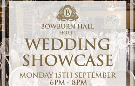 Wedding Showcase - Bowburn Hall Hotel 6PM-8PM, 15th September 2025. Background of tables set for a wedding.