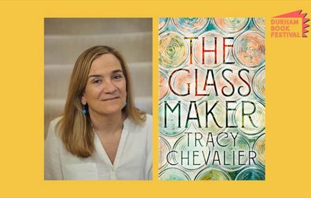 Photo of Tracy Chevalier, next to a cover of her book 'The Glass Maker'.