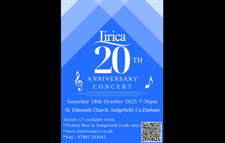 Lirica 20th Anniversary Concert Poster. Image of treble clef, stave and musical notes.