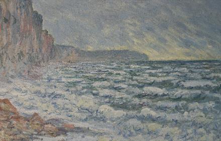 Impressionist seascape painting depicting a rocky shoreline with waves crashing against the coast.