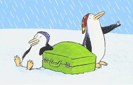 Illustration of two penguins with a suitcase.