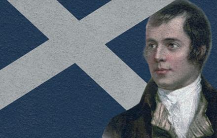Painting of Robert Burns in front of the Scottish Flag.