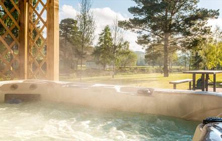 View from a steaming hot tub with trees and a picnic table in the distance.
