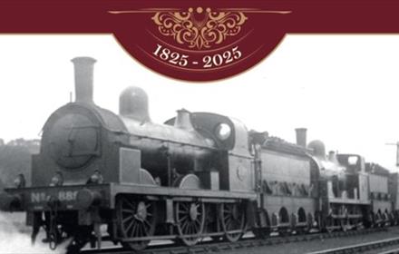A steam train with the dates 1825 - 2025 as a header