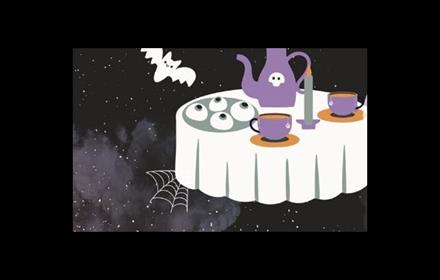 Graphic of Halloween Tea Party. Tea set, candle and eyes on table. White bat flying.