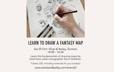 Workshop learn to draw a fantasy map by hand with picture of artist Kevin Sheehan drawing a map with pen and ink