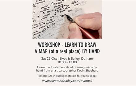 Workshop learn to draw a map of a real place by hand with picture of artist Kevin Sheehan drawing a map with pen and ink