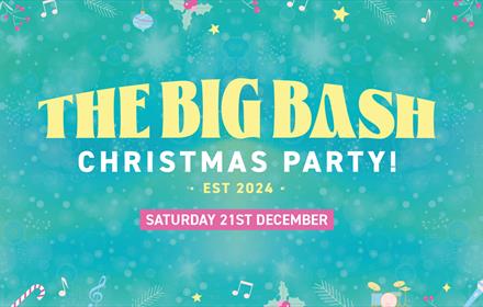 Text reads. 'The Big Bash Christmas Party' against a background of musical notes, snow, candy canes, holly and microphones