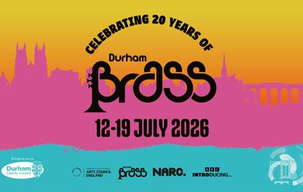 Durham Brass Festival logo on colourful backdrop of Durham.