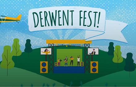 Cartoon image of the performance area with a stage, trees, hills and a yellow aeroplane with a banner with wording Derwent Fest!