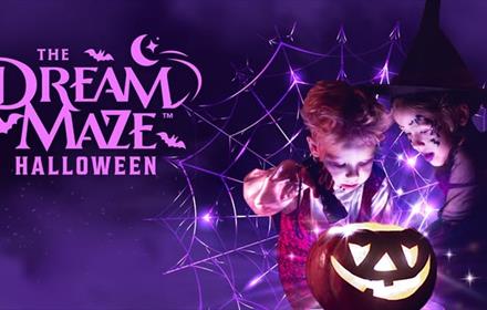 Two children, surrounded by cobwebs, shining a torch into a spooky pumpkin.