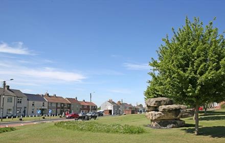 Fishburn front street, Tree, village green, houses, road