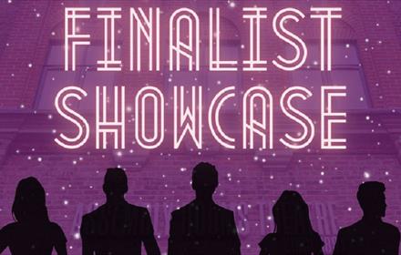 Finalist Showcase printed on purple background and the silhouettes of five people