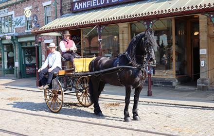 A horse and carriage carrying two people in Beamish Museum's 1900s Town
