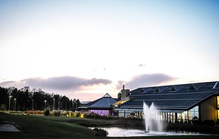 View of the rear exterior of Ramside Hall with fountain